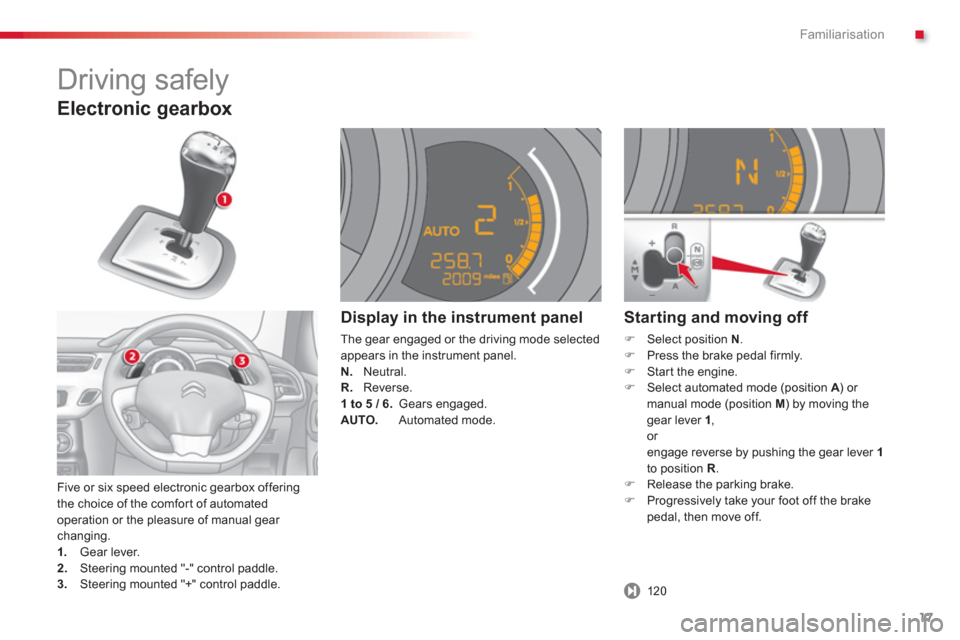 Citroen C3 RHD 2013 2.G User Guide .Familiarisation
17
Electronic gearbox
Five or six speed electronic gearbox offering
the choice of the comfort of automated
operation or the pleasure of manual gear changing.1. Gear lever. 2 Citroen C3 RHD 2013 2.G User Guide .Familiarisation
17
Electronic gearbox
Five or six speed electronic gearbox offering
the choice of the comfort of automated
operation or the pleasure of manual gear changing.1. Gear lever. 2
