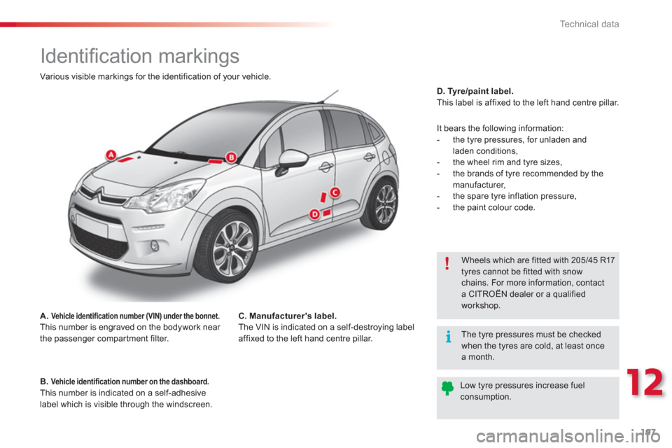 Citroen C3 RHD 2013 2.G Owners Manual 12
Technical data
197
Identifi cation markings
B. Vehicle identification number on the dashboard.
This number is indicated on a self-adhesive label which is vis Citroen C3 RHD 2013 2.G Owners Manual 12
Technical data
197
Identifi cation markings
B. Vehicle identification number on the dashboard.
This number is indicated on a self-adhesive label which is vis