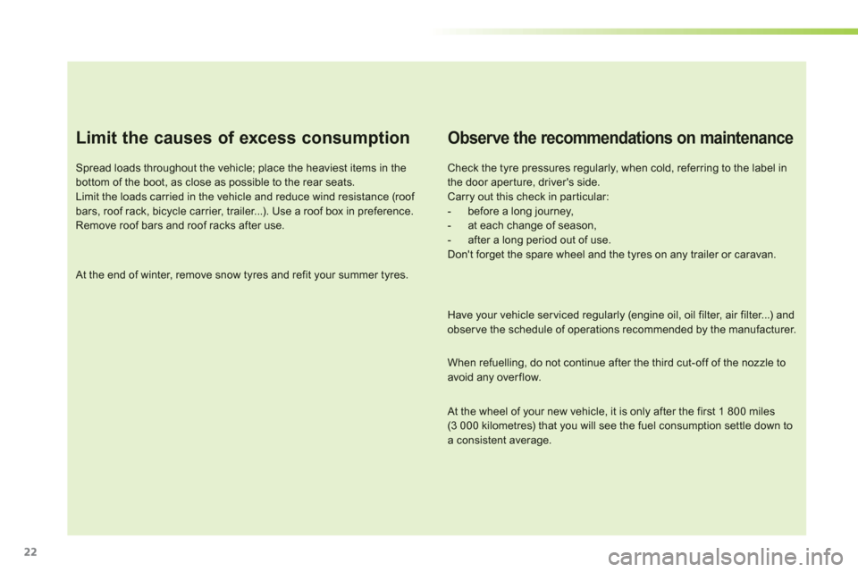 Citroen C3 RHD 2013 2.G Owners Guide 22
Limit the causes of excess consumption
Spread loads throughout the vehicle; place the heaviest items in the bottom of the boot, as close as possible to the rear seats.Limit the loads carried in the