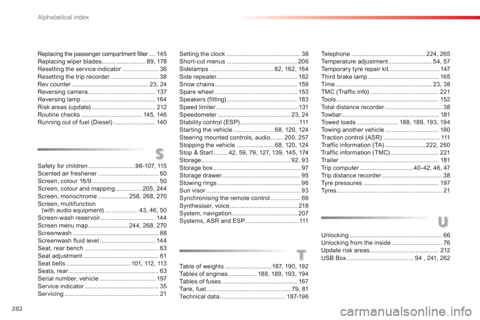 Citroen C3 RHD 2013 2.G Owners Manual Alphabetical index
282
Replacing the passenger compartment filter....r145Replacing wiper blades..........................89,178Resetting the service indicator......................r36Resetting the tri