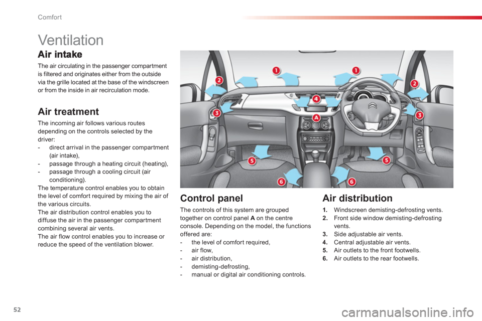 Citroen C3 RHD 2013 2.G Workshop Manual Comfort
52
   
 
 
 
 
 
 
 
Vent ilat ion  
The air circulating in the passenger compartment
is filtered and originates either from the outside
via the grille located at the base of the windscreen or