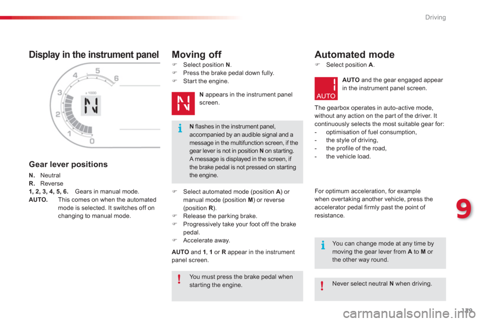 Citroen C3 PICASSO 2013 1.G Owners Manual 9
Driving
129
   
Display in the instrument panel 
 
 
Gear lever positions 
N. 
 Neutral R.Reverse1, 2, 3, 4, 5, 6.Gears in manual mode.
AUTO.    This comes on when the automatedmode is selected. It 
