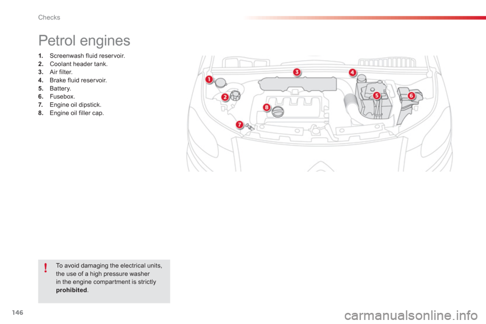 Citroen C3 PICASSO 2013 1.G Owners Manual Checks
146
   
 
 
 
 
 
 
 
 
 
 
 
 
 
Petrol engines 
1. 
  Screenwash fluid reservoir.2. 
 Coolant header tank.3.Air filter.4. 
 Brake fluid reservoir.5. 
 Battery. 
6.Fusebox.7.   Engine oil dips