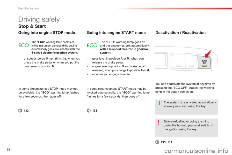 Citroen C3 PICASSO RHD 2013 1.G Owners Manual Familiarisation
18
  Driving safely 
Going into engine STOP mode 
 
 
 
-  gear lever in position A 
 or  M, when you 
release the brake pedal,
   
-  or 
gear lever in position N 
 and brake pedal
re