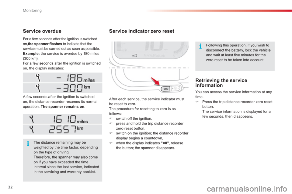 Citroen C3 PICASSO RHD 2013 1.G Owners Guide Monitoring
32
Service indicator zero reset 
  After each ser vice, the ser vice indicator mustbe reset to zero.
  The procedure for resetting to zero is asfollows: �) 
 switch off the ignition,�) 
 pr