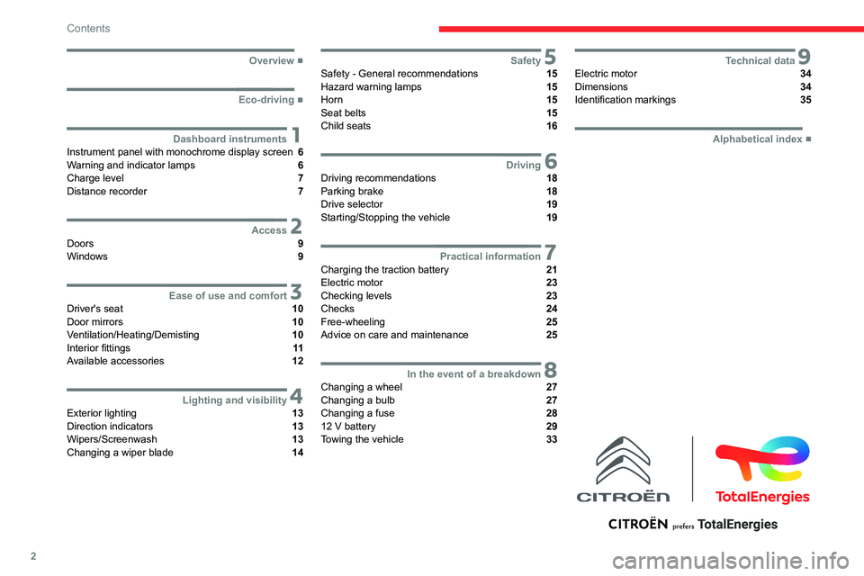 CITROEN AMI 2021  Handbook (in English) 2
Contents
  ■
Overview
  ■
Eco-driving
 1Dashboard instrumentsInstrument panel with monochrome display screen  6
Warning and indicator lamps  6
Charge level  7
Distance recorder  7
 2AccessDo