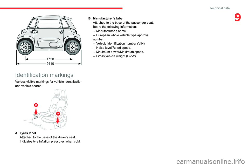 CITROEN AMI 2021  Handbook (in English) 35
Technical data
9
 
Identification markings
Various visible markings for vehicle identification 
and vehicle search.
 
 
A. Tyres label
Attached to the base of the driver's seat.
Indicates tyre 