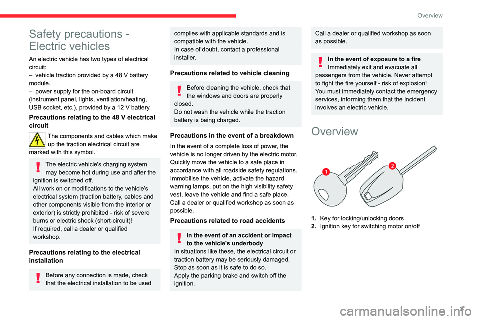 CITROEN AMI 2021  Handbook (in English) 3
Overview
Safety precautions - 
Electric vehicles
An electric vehicle has two types of electrical 
circuit:
–
 vehicle traction provided by a 48 V battery 
module.
–
 power supply for the on-boar