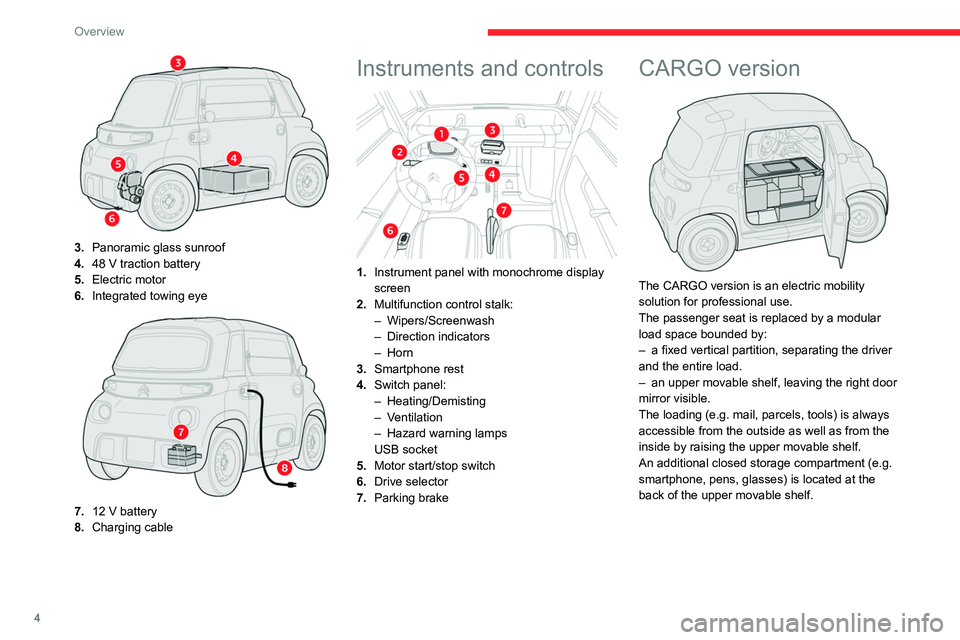 CITROEN AMI 2021  Handbook (in English) 4
Overview
 
3.Panoramic glass sunroof
4. 48 V traction battery
5. Electric motor
6. Integrated towing eye
 
 
7.12 V battery
8. Charging cable
Instruments and controls 
 
1.Instrument panel with mono