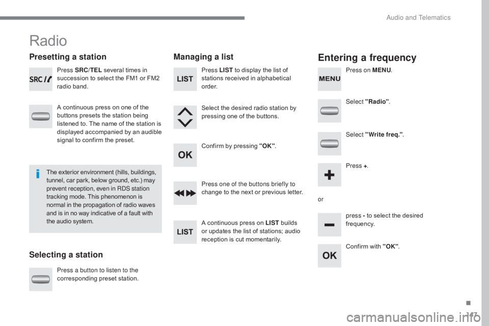 CITROEN C-ZERO 2017 Handbook (in English) 147
Radio
Presetting a station
Selecting a stationManaging a listEntering a frequency
Press SRC/TEL
several times in
succession to select the FM1 or FM2
radio band.
A continuous press on one of the CITROEN C-ZERO 2017 Handbook (in English) 147
Radio
Presetting a station
Selecting a stationManaging a listEntering a frequency
Press SRC/TEL
several times in
succession to select the FM1 or FM2
radio band.
A continuous press on one of the