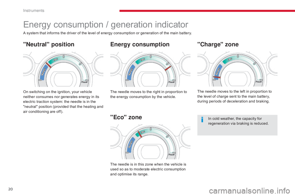 CITROEN C-ZERO 2017  Handbook (in English) 20
Energy consumption / generation indicator
Energy consumption
On switching on the ignition, your vehicle 
neither consumes nor generates energy in its 
electric traction system: the needle is in the