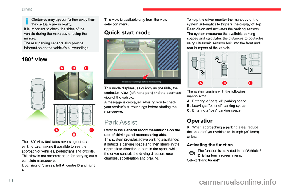 CITROEN C3 AIRCROSS 2021 Handbook (in English) 11 8
Driving
Obstacles may appear further away than
they actually are in reality.
It is important to check the sides of the
vehicle during the manoeuvre, using the
mirrors.
The rear parking sensors CITROEN C3 AIRCROSS 2021 Handbook (in English) 11 8
Driving
Obstacles may appear further away than
they actually are in reality.
It is important to check the sides of the
vehicle during the manoeuvre, using the
mirrors.
The rear parking sensors