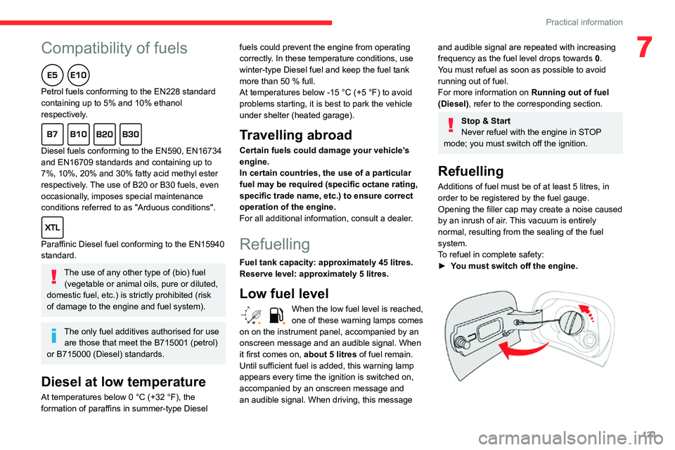 CITROEN C3 AIRCROSS 2021  Handbook (in English)  
 
123
Practical information
7Compatibility of fuels  
Petrol fuels conforming to the EN228 standard 
containing up to 5% and 10% ethanol 
respectively.
  
Diesel fuels conforming to the EN590, EN167