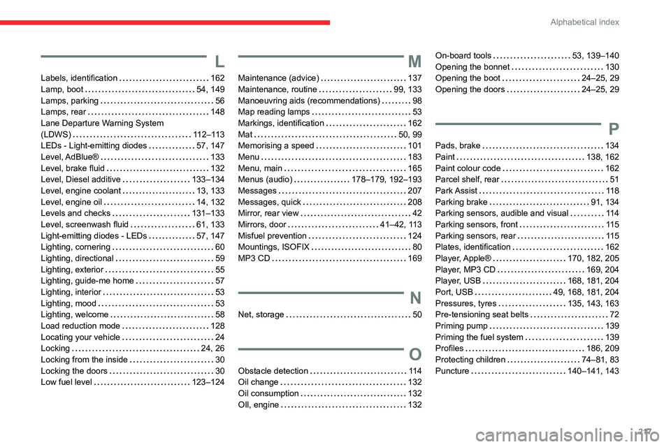 CITROEN C3 AIRCROSS 2021 Handbook (in English) 217
Alphabetical index
L
Labels, identification 162Lamp, boot 54, 149Lamps, parking 56Lamps, rear 148Lane Departure Warning System (LDWS) 112–113LEDs - Light-emitting diodes 57, 147
Lev CITROEN C3 AIRCROSS 2021 Handbook (in English) 217
Alphabetical index
L
Labels, identification 162Lamp, boot 54, 149Lamps, parking 56Lamps, rear 148Lane Departure Warning System (LDWS) 112–113LEDs - Light-emitting diodes 57, 147
Lev