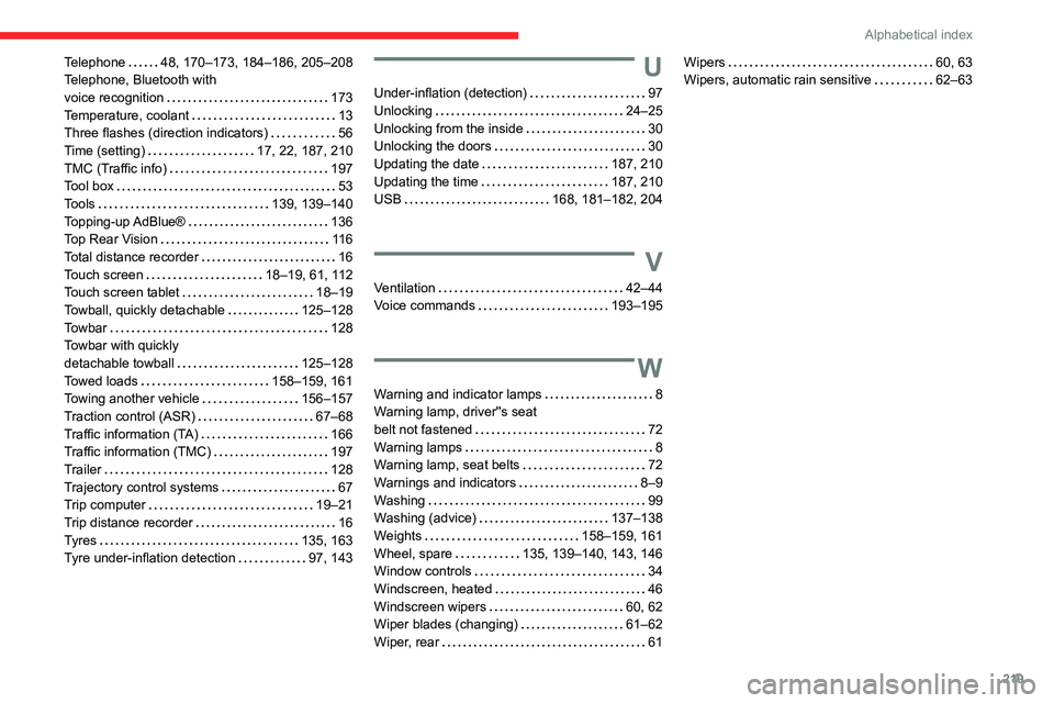 CITROEN C3 AIRCROSS 2021 Handbook (in English) 219
Alphabetical index
Telephone 48, 170–173, 184–186, 205–208Telephone, Bluetooth with voice recognition 173Temperature, coolant 13Three flashes (direction indicators) 56Time (setting) CITROEN C3 AIRCROSS 2021 Handbook (in English) 219
Alphabetical index
Telephone 48, 170–173, 184–186, 205–208Telephone, Bluetooth with voice recognition 173Temperature, coolant 13Three flashes (direction indicators) 56Time (setting)