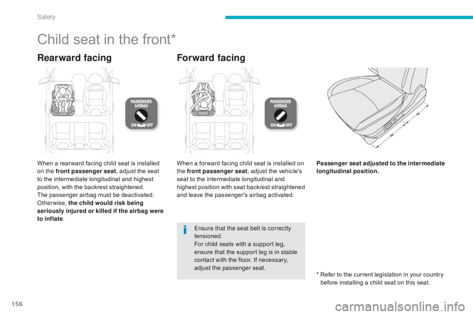 CITROEN C4 AIRCROSS 2021 Handbook (in English) 156
Child seat in the front*
Rearward facingForward facing
When a rear ward facing child seat is installed
on the front passenger seat, adjust the seat
to the intermediate longitudinal and highest
CITROEN C4 AIRCROSS 2021 Handbook (in English) 156
Child seat in the front*
Rearward facingForward facing
When a rear ward facing child seat is installed
on the front passenger seat, adjust the seat
to the intermediate longitudinal and highest