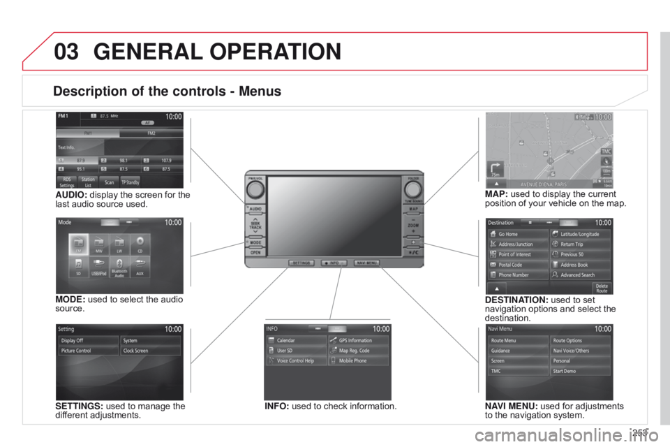 CITROEN C4 AIRCROSS 2021 Handbook (in English) 03
253
Description of the controls - Menus
SETTINGS: used to manage the
different adjustments.DESTINATION: used to set
navigation options and select the
destination.
NAVI MENU: used for adjustments CITROEN C4 AIRCROSS 2021 Handbook (in English) 03
253
Description of the controls - Menus
SETTINGS: used to manage the
different adjustments.DESTINATION: used to set
navigation options and select the
destination.
NAVI MENU: used for adjustments