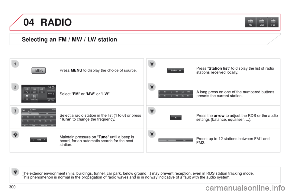 CITROEN C4 AIRCROSS 2021 Handbook (in English) 04
300
Selecting an FM / MW / LW station
The exterior environment (hills, buildings, tunnel, car park, below ground...) may prevent reception, even in RDS station tracking mode.
This phenomenon is no CITROEN C4 AIRCROSS 2021 Handbook (in English) 04
300
Selecting an FM / MW / LW station
The exterior environment (hills, buildings, tunnel, car park, below ground...) may prevent reception, even in RDS station tracking mode.
This phenomenon is no