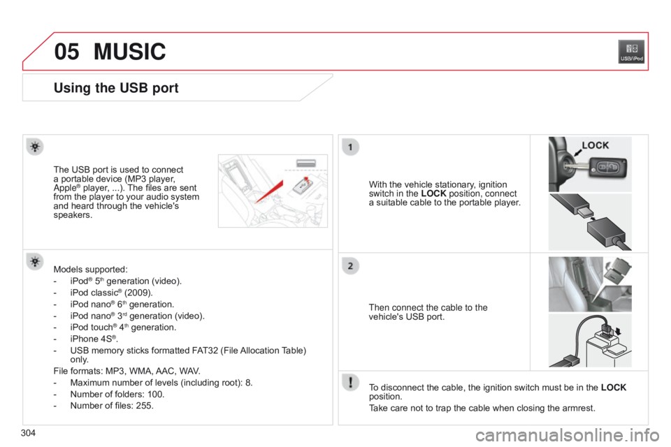 CITROEN C4 AIRCROSS 2021 Handbook (in English) 05
304
MUSIC
Using the USB port
With the vehicle stationary, ignition
switch in the LOCK position, connect
a suitable cable to the portable player.
The USB port is used to connect
a portable device CITROEN C4 AIRCROSS 2021 Handbook (in English) 05
304
MUSIC
Using the USB port
With the vehicle stationary, ignition
switch in the LOCK position, connect
a suitable cable to the portable player.
The USB port is used to connect
a portable device