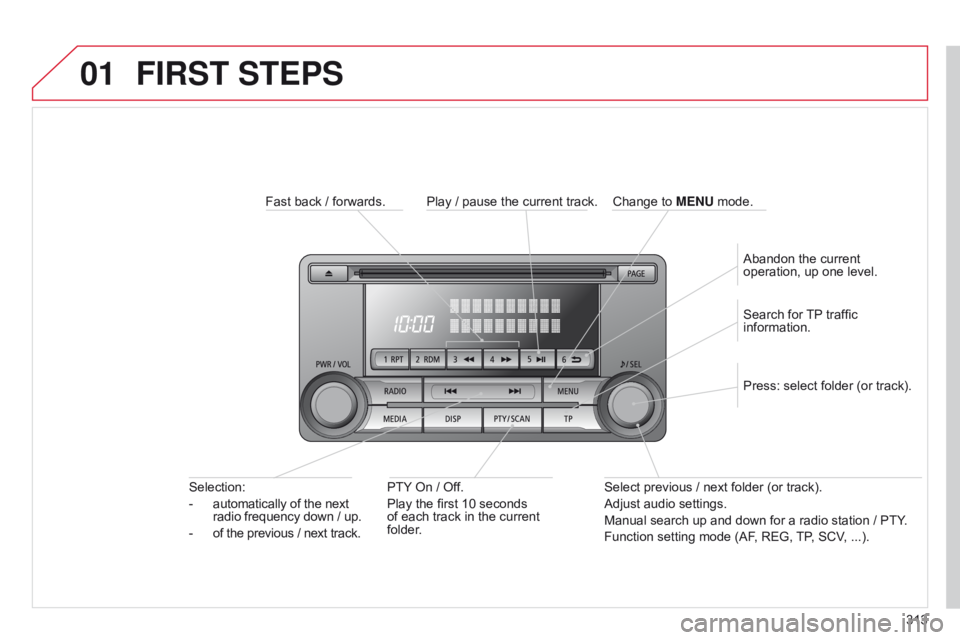 CITROEN C4 AIRCROSS 2021 Handbook (in English) 01
313
FIRST STEPS
Fast back / forwards.PTY On / Off.
Play the first 10 seconds
of each track in the current
folder.
Selection:
-
automatically of the next
radio frequency down
/ up.
-
of CITROEN C4 AIRCROSS 2021 Handbook (in English) 01
313
FIRST STEPS
Fast back / forwards.PTY On / Off.
Play the first 10 seconds
of each track in the current
folder.
Selection:
-
automatically of the next
radio frequency down
/ up.
-
of