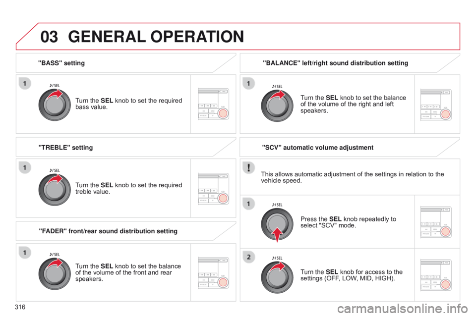 CITROEN C4 AIRCROSS 2021  Handbook (in English) 03
316"BASS" setting
Turn the SEL knob to set the required 
bass value.
GENERAL OPERATION
Turn the SEL knob to set the required 
treble value.
"FADER" front/rear sound distribution set