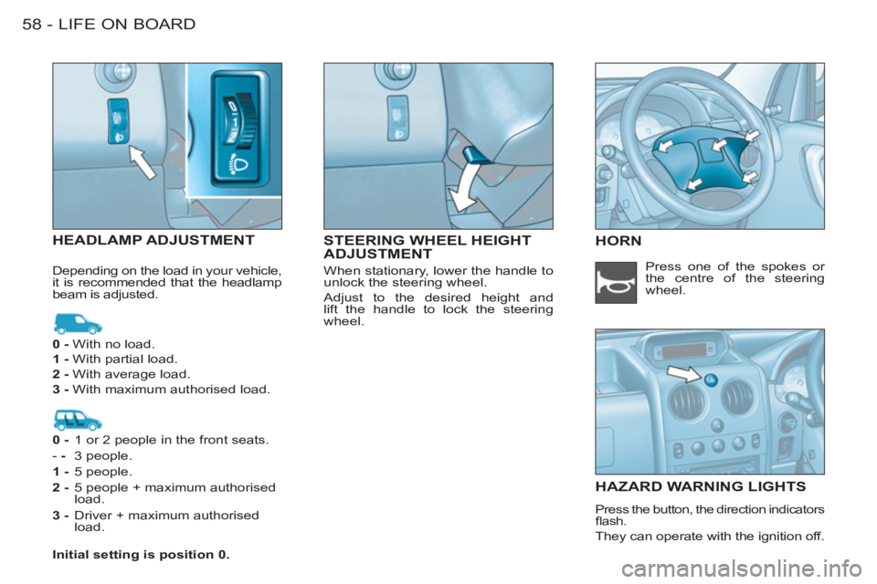 CITROEN BERLINGO FIRST 2011  Handbook (in English) LIFE ON BOARD
58 -
STEERING WHEEL HEIGHT
ADJUSTMENT HEADLAMP ADJUSTMENT
HORN
HAZARD WARNING LIGHT
S
  Press the button, the direction indicators 
ﬂ ash. 
 
They can operate with the ignition off.   