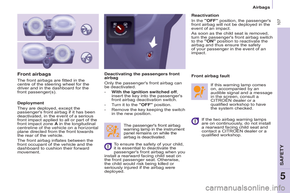 CITROEN BERLINGO ELECTRIC 2017 Handbook (in English) 107
BERLInGO-2-VU_En_CHAP05_SECURITE_ED01-2015BERLInGO-2-VU_En_CHAP05_SECURITE_ED01-2015
Front airbags
Deployment
They are deployed, except the
passenger's front airbag if it has been
deactivate CITROEN BERLINGO ELECTRIC 2017 Handbook (in English) 107
BERLInGO-2-VU_En_CHAP05_SECURITE_ED01-2015BERLInGO-2-VU_En_CHAP05_SECURITE_ED01-2015
Front airbags
Deployment
They are deployed, except the
passenger's front airbag if it has been
deactivate