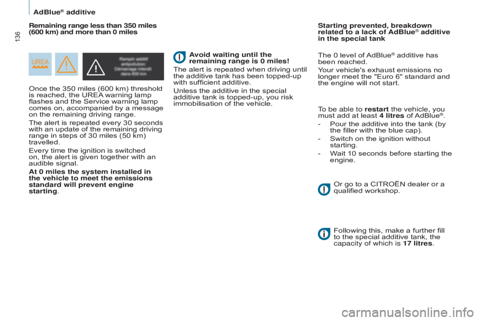 CITROEN BERLINGO ELECTRIC 2017  Handbook (in English) 136
Berlingo-2-VU_en_Chap07_Verification_ed01-2015Berlingo-2-VU_en_Chap07_Verification_ed01-2015
Once the 350 miles (600 km) threshold 
is reached, the UREA warning lamp 
flashes and the Service warni