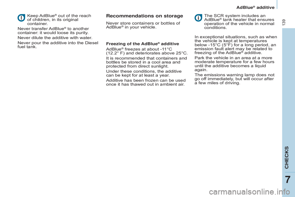 CITROEN BERLINGO ELECTRIC 2017  Handbook (in English) 139
Berlingo-2-VU_en_Chap07_Verification_ed01-2015Berlingo-2-VU_en_Chap07_Verification_ed01-2015
Keep AdBlue® out of the reach  
of children, in its original  
container.
Never transfer AdBlue
® to 