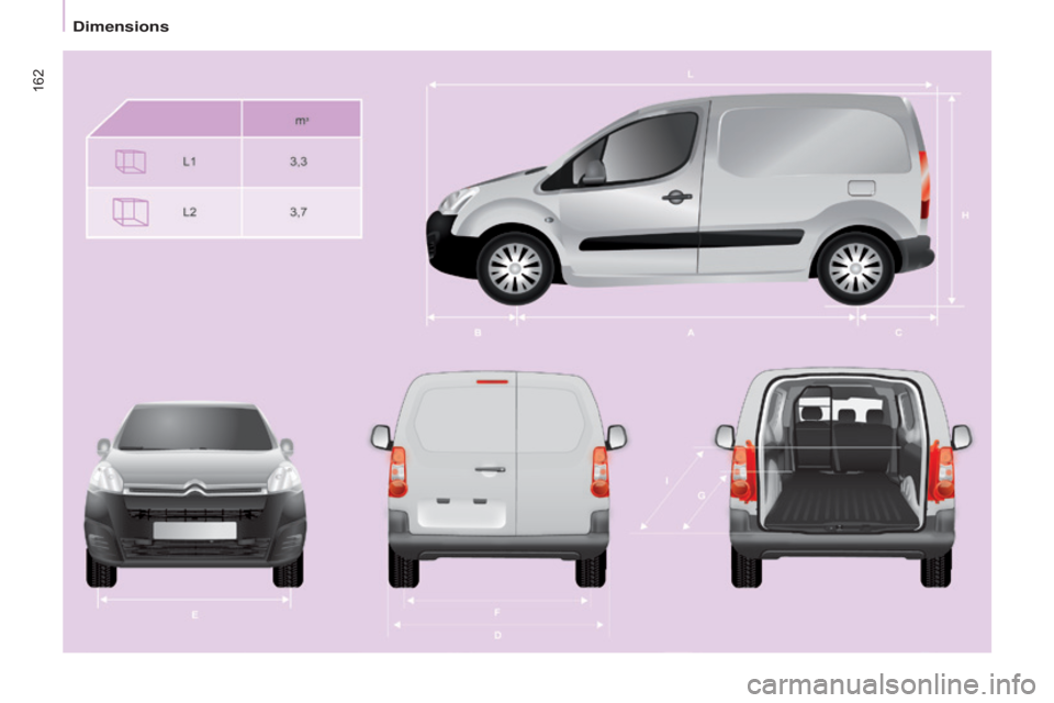 CITROEN BERLINGO ELECTRIC 2017  Handbook (in English) 162
Berlingo-2-VU_en_Chap09_Caract_technique_ed01-2015
Berlingo-2-VU_en_Chap09_Caract_technique_ed01-2015 
Dimensions  