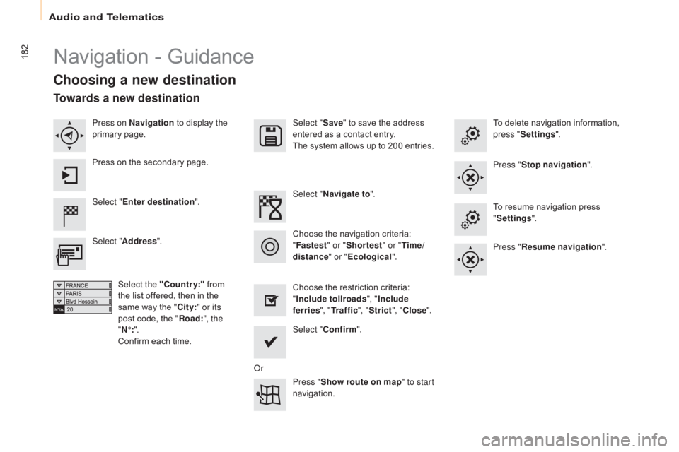 CITROEN BERLINGO ELECTRIC 2017  Handbook (in English) 182
Berlingo-2-VU_en_Chap10a_SMEGplus_ed01-2015
Navigation - Guidance
Choosing a new destination
Select "Enter destination ". Select "
Save" to save the address 
entered as a contact e