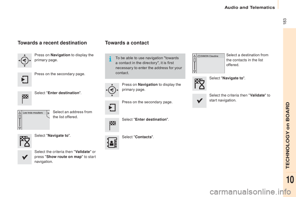 CITROEN BERLINGO ELECTRIC 2017  Handbook (in English)  183
Berlingo-2-VU_en_Chap10a_SMEGplus_ed01-2015
Towards a recent destination
Select "Enter destination ".
Select an address from 
the list offered.
Press on 
n
a
 vigation
 to display the 
pr