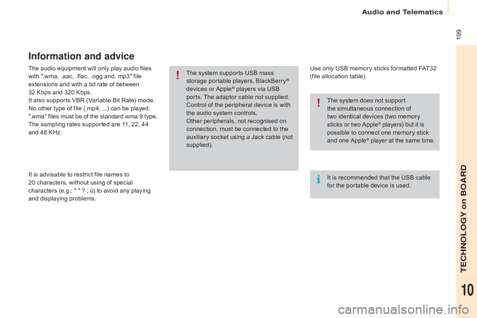 CITROEN BERLINGO ELECTRIC 2017  Handbook (in English)  199
Berlingo-2-VU_en_Chap10a_SMEGplus_ed01-2015
The audio equipment will only play audio files 
with ".wma, .aac, .flac, .ogg and. mp3" file 
extensions and with a bit rate of between  
32 Kb CITROEN BERLINGO ELECTRIC 2017  Handbook (in English)  199
Berlingo-2-VU_en_Chap10a_SMEGplus_ed01-2015
The audio equipment will only play audio files 
with ".wma, .aac, .flac, .ogg and. mp3" file 
extensions and with a bit rate of between  
32 Kb