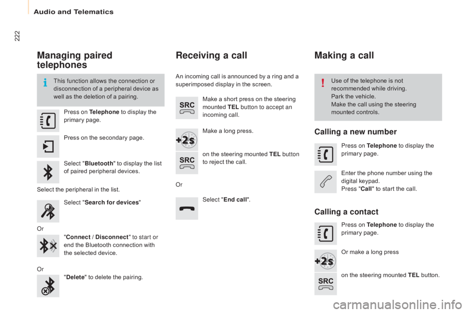 CITROEN BERLINGO ELECTRIC 2017  Handbook (in English) 222
Berlingo-2-VU_en_Chap10a_SMEGplus_ed01-2015
Managing paired 
telephones
This function allows the connection or 
disconnection of a peripheral device as 
well as the deletion of a pairing.Use of th