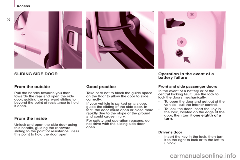 CITROEN BERLINGO ELECTRIC 2017 Handbook (in English) 22
BERLInGO-2-VU_En_CHAP03_PRET-A-PARTIR_ED01-2015
From the inside
Unlock and open the side door using
this handle, guiding the rearward
sliding to the point of resistance. Pass
this point to hold CITROEN BERLINGO ELECTRIC 2017 Handbook (in English) 22
BERLInGO-2-VU_En_CHAP03_PRET-A-PARTIR_ED01-2015
From the inside
Unlock and open the side door using
this handle, guiding the rearward
sliding to the point of resistance. Pass
this point to hold