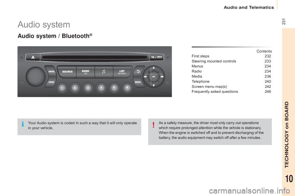 CITROEN BERLINGO ELECTRIC 2017  Handbook (in English)  231
Berlingo-2-VU_en_Chap10b_RD45_ed01-2015
Audio system
Audio system / Bluetooth®
Contents
First steps
 2 32
Steering mounted controls
 
2
 33
Menus
 
2
 34
Radio
 
2
 34
Media
 23

6
Telephone
 2
