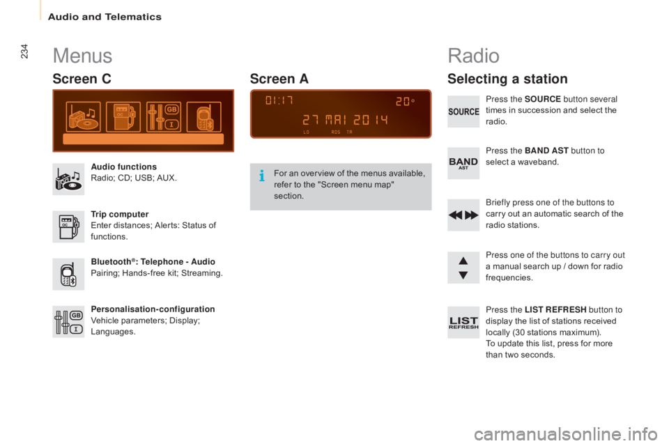 CITROEN BERLINGO ELECTRIC 2017  Handbook (in English) 234
Berlingo-2-VU_en_Chap10b_RD45_ed01-2015
Menus
Screen C
Audio functions
Radio; CD; USB; AUX.
Trip computer
Enter distances; Alerts: Status of 
functions.
Bluetooth
®: Telephone - Audio
Pairing; Ha