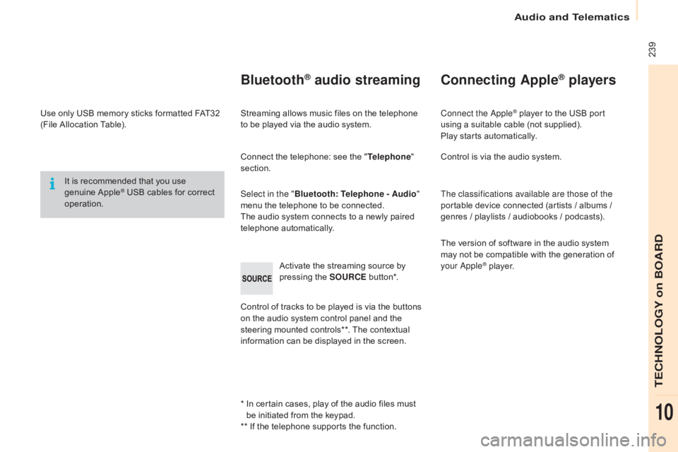 CITROEN BERLINGO ELECTRIC 2017 Handbook (in English) 239
Berlingo-2-VU_en_Chap10b_RD45_ed01-2015
Use only USB memory sticks formatted FAT32
(File Allocation Table).It is recommended that you use
genuine Apple
® USB cables for correct
operation.
*
CITROEN BERLINGO ELECTRIC 2017 Handbook (in English) 239
Berlingo-2-VU_en_Chap10b_RD45_ed01-2015
Use only USB memory sticks formatted FAT32
(File Allocation Table).It is recommended that you use
genuine Apple
® USB cables for correct
operation.
*