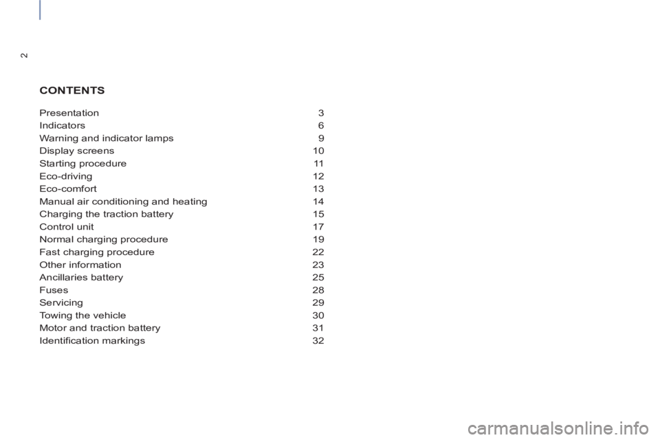 CITROEN BERLINGO ELECTRIC 2017  Handbook (in English) 2
Presentation 3
Indicators 6
Warning and indicator lamps  9
Display screens  10
Starting procedure  11
Eco-driving 12
Eco-comfort 13
Manual air conditioning and heating  14
Charging the traction batt