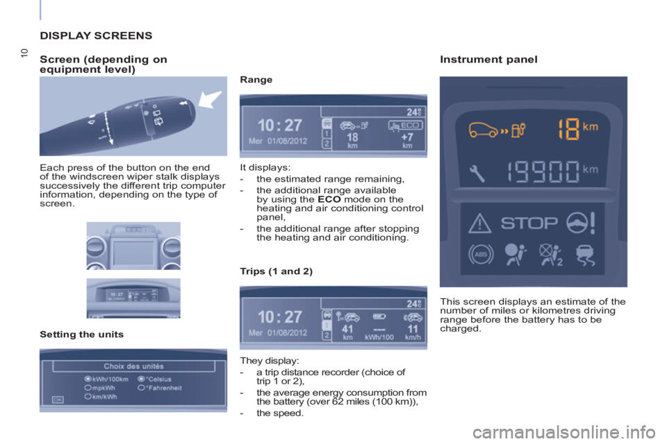 CITROEN BERLINGO ELECTRIC 2017 Handbook (in English) 10
DISPLAY SCREENS
Screen (depending on
equipment level)
Each press of the button on the end
of the windscreen wiper stalk displays
successively the different trip computer
information, CITROEN BERLINGO ELECTRIC 2017 Handbook (in English) 10
DISPLAY SCREENS
Screen (depending on
equipment level)
Each press of the button on the end
of the windscreen wiper stalk displays
successively the different trip computer
information,