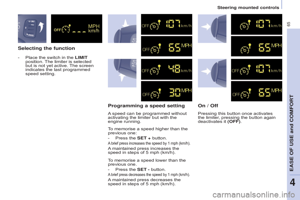 CITROEN BERLINGO ELECTRIC 2017 Handbook (in English) 65
Berlingo-2-VU_en_Chap04_Ergonomie_ed01-2015
Selecting the functionProgramming a speed setting On / Off
To memorise a speed higher than the
previous one:
-
Press the
SET + button.
A brief press CITROEN BERLINGO ELECTRIC 2017 Handbook (in English) 65
Berlingo-2-VU_en_Chap04_Ergonomie_ed01-2015
Selecting the functionProgramming a speed setting On / Off
To memorise a speed higher than the
previous one:
-
Press the
SET + button.
A brief press