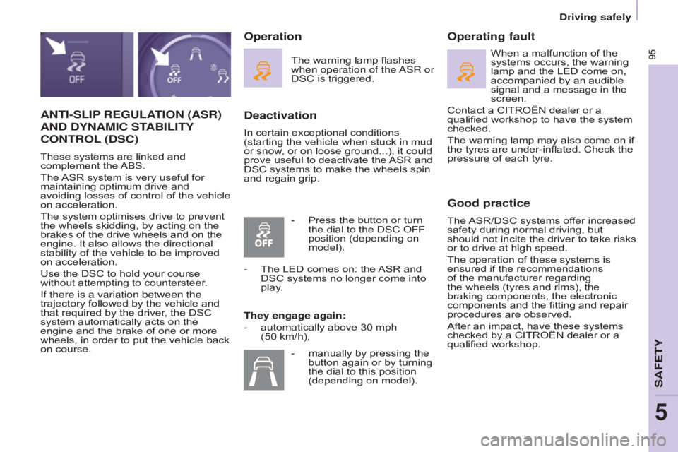 CITROEN BERLINGO ELECTRIC 2017 Handbook (in English) 95
BERLInGO-2-VU_En_CHAP05_SECURITE_ED01-2015
AnTI-SLIP REGULATIO n (ASR)
A
n D DY n AMIC STABILITY
CO
n TROL
(DSC)
These systems are linked and
complement the ABS.
The ASR system is very u CITROEN BERLINGO ELECTRIC 2017 Handbook (in English) 95
BERLInGO-2-VU_En_CHAP05_SECURITE_ED01-2015
AnTI-SLIP REGULATIO n (ASR)
A
n D DY n AMIC STABILITY
CO
n TROL
(DSC)
These systems are linked and
complement the ABS.
The ASR system is very u