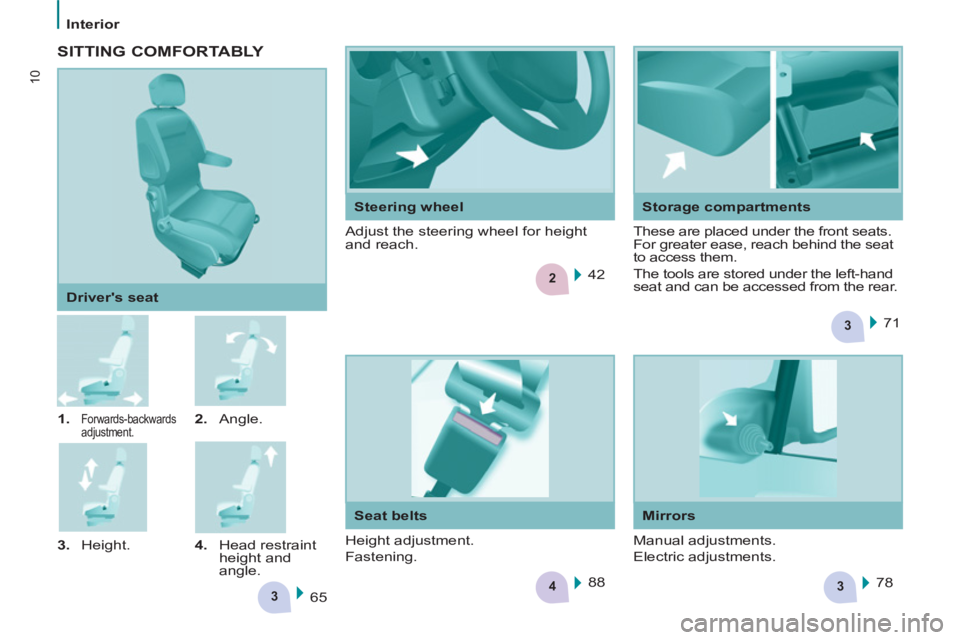 CITROEN BERLINGO ELECTRIC 2015  Handbook (in English) 3
43
2
3
10
Interior
   
 
1. 
 
Forwards-backwards 
adjustment.    
2. 
 Angle. 
   
3. 
 Height.    
4. 
 Head restraint 
height and 
angle.      
Drivers seat 
  65    71  
 
    42  
  78     88 
