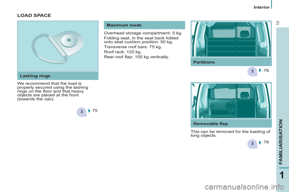 CITROEN BERLINGO ELECTRIC 2015  Handbook (in English) 3
3
3
13
1
FAMILIARISATIO
N
   
 
Interior  
 
 
LOAD SPACE
 
We recommend that the load is 
properly secured using the lashing 
rings on the ﬂ oor and that heavy 
objects are placed at the front 
(