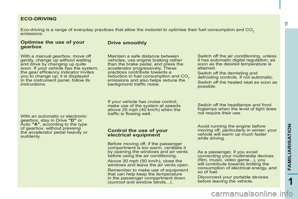 CITROEN BERLINGO ELECTRIC 2015  Handbook (in English) ECO-DRIVING
  Eco-driving is a range of everyday practices that allow the motorist to optimise their fuel consumption and CO2 
emissions. 
   
Optimise the use of your 
gearbox 
   
With a manual gear