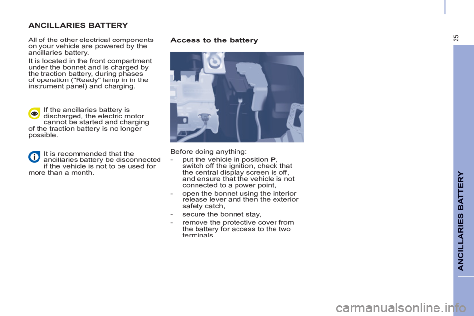 CITROEN BERLINGO ELECTRIC 2015 Handbook (in English) 25
ANCILLARIES BATTERY
ANCILLARIES BATTERY
All of the other electrical components
on your vehicle are powered by the
ancillaries battery.
It is located in the front compartment
under the CITROEN BERLINGO ELECTRIC 2015 Handbook (in English) 25
ANCILLARIES BATTERY
ANCILLARIES BATTERY
All of the other electrical components
on your vehicle are powered by the
ancillaries battery.
It is located in the front compartment
under the