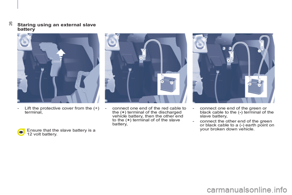 CITROEN BERLINGO ELECTRIC 2015 Handbook (in English) 26
Staring using an external slave
battery
Ensure that the slave battery is a
12 volt battery.
- Lift the protective cover from the (+)
terminal,
- connect one end of the red c CITROEN BERLINGO ELECTRIC 2015 Handbook (in English) 26
Staring using an external slave
battery
Ensure that the slave battery is a
12 volt battery.
- Lift the protective cover from the (+)
terminal,
- connect one end of the red c