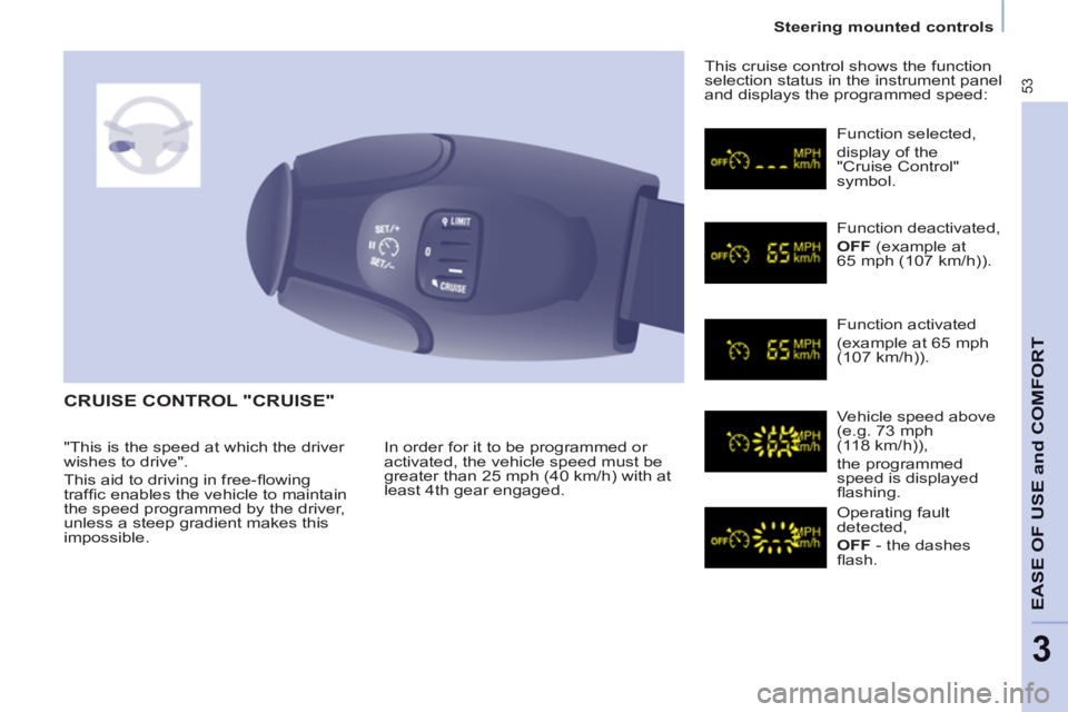 CITROEN BERLINGO ELECTRIC 2015  Handbook (in English) 53
Steering mounted controls
EASE OF USE and COMFOR
T
3
  CRUISE CONTROL "CRUISE" 
 
In order for it to be programmed or 
activated, the vehicle speed must be 
greater than 25 mph (40 km/h) with at 
l