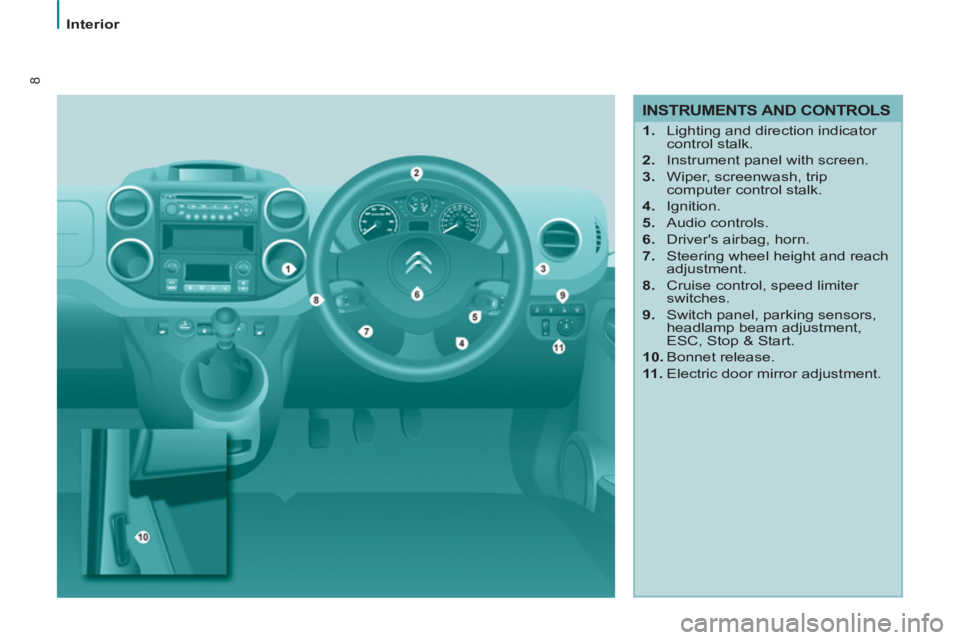 CITROEN BERLINGO ELECTRIC 2015  Handbook (in English) 8
Interior
   
INSTRUMENTS AND CONTROLS 
 
 
 
1. 
  Lighting and direction indicator 
control stalk. 
   
2. 
  Instrument panel with screen. 
   
3. 
  Wiper, screenwash, trip 
computer control stal