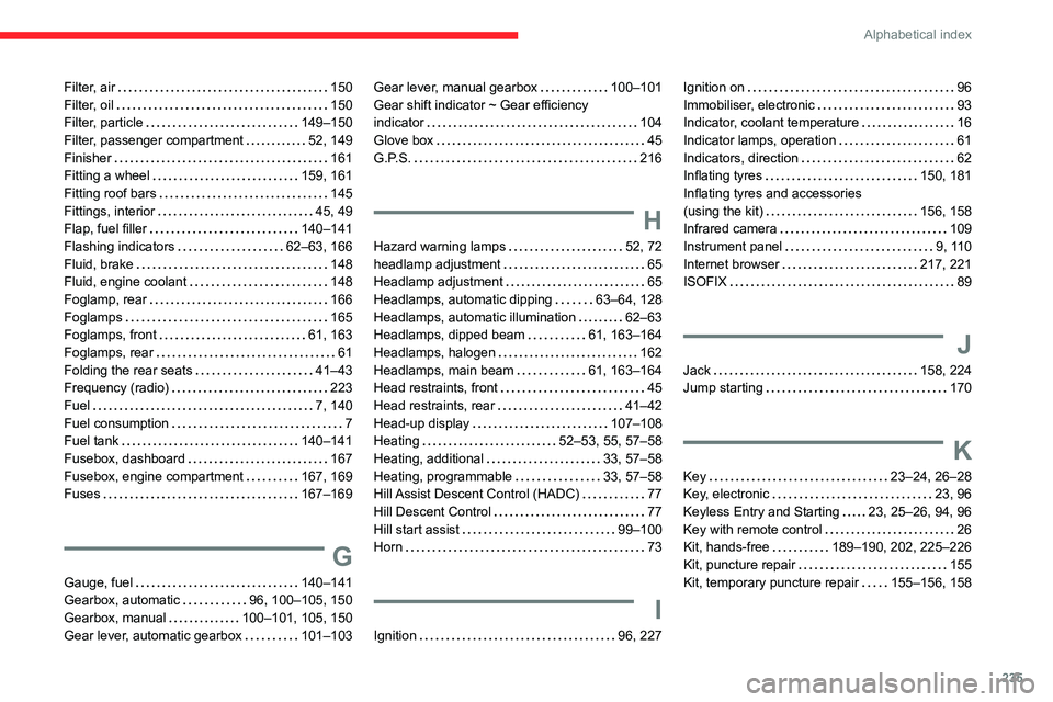 CITROEN BERLINGO VAN 2021  Handbook (in English) 235
Alphabetical index
Filter, air    150
Filter, oil     
150
Filter, particle
    
149–150
Filter, passenger compartment
    
52, 149
Finisher
    
161
Fitting a wheel
    
159, 161
Fitting roof b